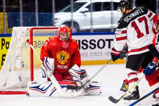 180517 Kanadas Jaden Schwartz oroar vid Rysslands malvakt Igor Shestyorkin under kvartsfinalen i ishockey-VM mellan Ryssland och Kanada den 17 maj 2018 i Köpenhamn. Copyright: PETTERxARVIDSON BB180517PA015