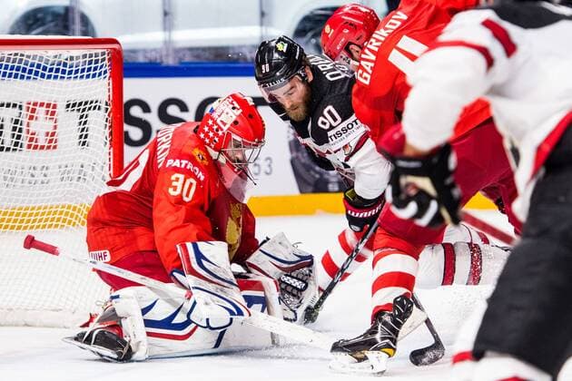 180517 Kanadas Ryan O Reilly oroar mot Rysslands malvakt Igor Shestyorkin under kvartsfinalen i ishockey-VM mellan Ryssland och Kanada den 17 maj 2018 i Köpenhamn. Copyright: PETTERxARVIDSON BB180517PA068