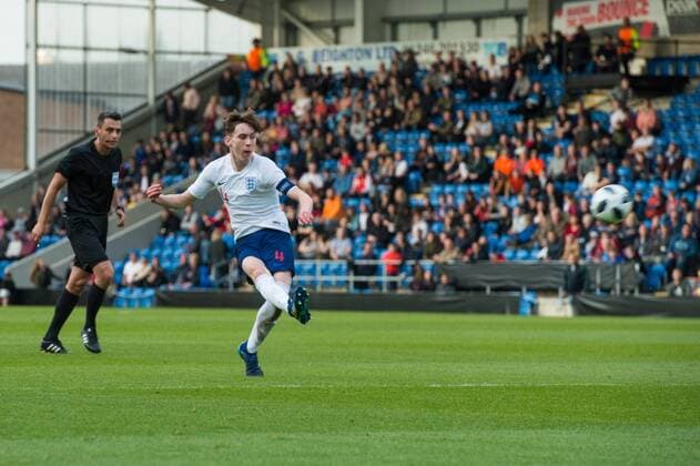 England v Netherlands UEFA EURO EM Europameisterschaft Fussball U17 U 17 Championship Semi-Final James Garner of England with a shot on goal during the UEFA Euro U17 Championship Semi-Final match at the Proact stadium, Chesterfield Content Not Available For UK Newspapers Copyright: xMattxWilkinsonx FIL-11809-0010