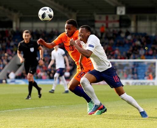 Rayhaan Tulloch of England tussles with Quinten Maduro of Netherlands during the Semi Final match at the Proact Stadium, Chesterfield. Picture date 17th May 2018. Picture credit should read: Simon Bellis Sportimage EDITORIAL USE ONLY. No use with unauthorised audio, video, data, fixture lists, club league logos or live services. Online in-match use limited to 120 images, no video emulation. No use in betting, games or single club league player publications.