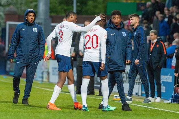 England v Netherlands UEFA EURO EM Europameisterschaft Fussball U17 U 17 Championship Semi-Final Nathanael Ogbeta with Folarin Balogun of England following his penalty miss during the UEFA Euro U17 Championship Semi-Final match at the Proact stadium, Chesterfield Content Not Available For UK Newspapers Copyright: xMattxWilkinsonx FIL-11809-0039