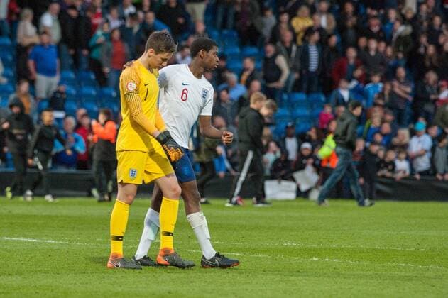 England v Netherlands UEFA EURO EM Europameisterschaft Fussball U17 U 17 Championship Semi-Final England goalkeeper Luca Ashby-Hammond with Ajibola-Joshua Alese following the UEFA Euro U17 Championship Semi-Final match at the Proact stadium, Chesterfield Content Not Available For UK Newspapers Copyright: xMattxWilkinsonx FIL-11809-0040