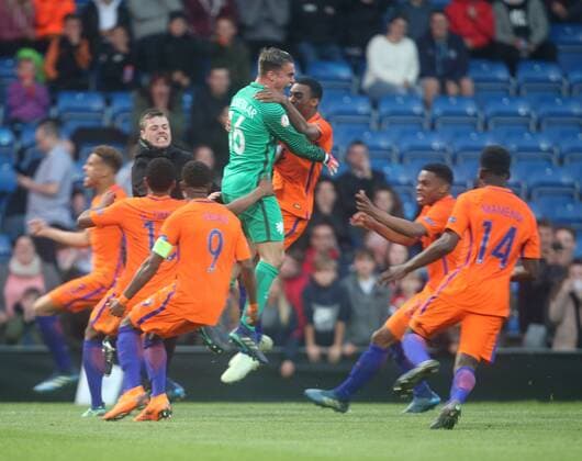 May 17, 2018 - Chesterfield, United Kingdom - Joey Koorevaar of Netherlands U17s celebrates his penalty save .during the UEFA Under-17 Championship Semi-Final match between England U17s against Netherlands U17s at Proact Stadium, .Chesterfield FC, England on 17 May 2018. England v Netherlands - UEFA U17 U 17 Championship Semi-Final  - ZUMAn230 20180517_zaa_n230_853 Copyright: xKieranxGalvinx