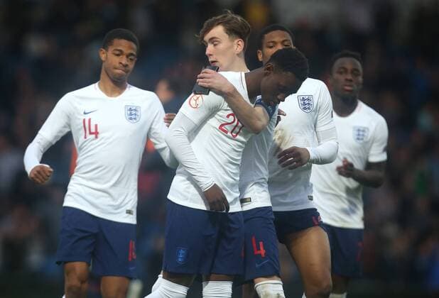 May 17, 2018 - Chesterfield, United Kingdom - James Garner of England U17s console Folarin Balogun of England U17s after missing the penalty.during the UEFA Under-17 Championship Semi-Final match between England U17s against Netherlands U17s at Proact Stadium, .Chesterfield FC, England on 17 May 2018. England v Netherlands - UEFA U17 U 17 Championship Semi-Final  - ZUMAn230 20180517_zaa_n230_860 Copyright: xKieranxGalvinx
