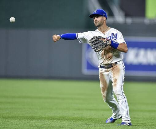 May 18, 2018 - Kansas City, MO, USA - Kansas City Royals second baseman Whit Merrifield throws out New York Yankees Didi Gregorius at first on a ground ball to end the top of the fifth inning during Friday s baseball game on May 18, 2018, at Kauffman Stadium in Kansas City, Mo. Royals vs Yankees - ZUMAm67_ 20180518_zaf_m67_026 Copyright: xJohnxSleezerx