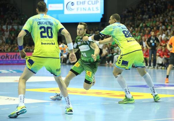 19.05.2018, xcsx, Handball EHF Cup Final 4, SC Magdeburg - Saint Raphael Var, emspor, v.l. Marko Bezjak (SC Magdeburg), Wissem Hmam (Saint Raphael) Zweikampf, battle for the ball Magdeburg