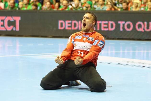 Saint RaphaÃ«l Var vs SC Magdeburg. Dario Quenstedt (Magdeburg, 21) Jubelt über gehaltenen Ball, abgewehrt, gehalten, Torhüter Saint RaphaÃ«l Var vs SC Magdeburg, Handball, Ottostadt Magdeburg EHF Cup Finals 2018, Saison 2017 2018, 19.05.2018 Magdeburg Copyright: xTaeger xEibner-Pressefotox EP_tae
