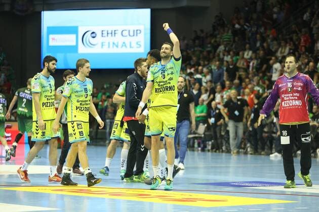 19.05.2018, xcsx, Handball EHF Cup Final 4, SC Magdeburg - Saint Raphael Var, emspor, v.l. Raphael Caucheteux (Saint Raphael) celebrates dancing reaching the final Magdeburg