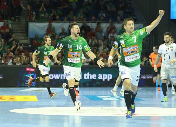 19.05.2018, xcsx, Handball EHF Cup Final 4, Frisch auf Goeppingen - Fuechse Berlin, emspor, v.l. Jacob Bagersted (Frisch Auf! Göppingen) jubelt Magdeburg