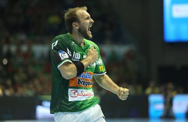 19.05.2018, xcsx, Handball EHF Cup Final 4, Frisch auf Goeppingen - Fuechse Berlin, emspor, v.l. Marcel Schiller (Frisch Auf! Göppingen) jubelt, Portrait Magdeburg