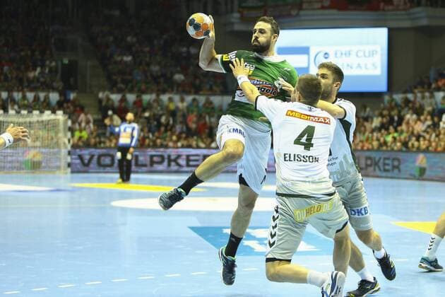 Frisch Auf Göppingen vs Füchse Berlin. vl Tim Kneule (Göppingen, 4), Bjarki Mar Elisson (Berlin, 4) Zweikampf, Duell, Kampf, tackle Frisch Auf Göppingen vs Füchse Berlin, Ottostadt Magdeburg EHF Cup Finals 2018, Saison 2017 2018, 19.05.2018 Magdeburg Copyright: xEibner-Pressefotox EP_taeger