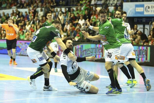 Frisch Auf Göppingen vs Füchse Berlin. vl Jacob Bagersted (Göppingen, 14), Fabian Wiede (Berlin, 3) Zweikampf, Duell, Kampf, tackle Frisch Auf Göppingen vs Füchse Berlin, Ottostadt Magdeburg EHF Cup Finals 2018, Saison 2017 2018, 19.05.2018 Magdeburg Copyright: xEibner-Pressefotox EP_taeger