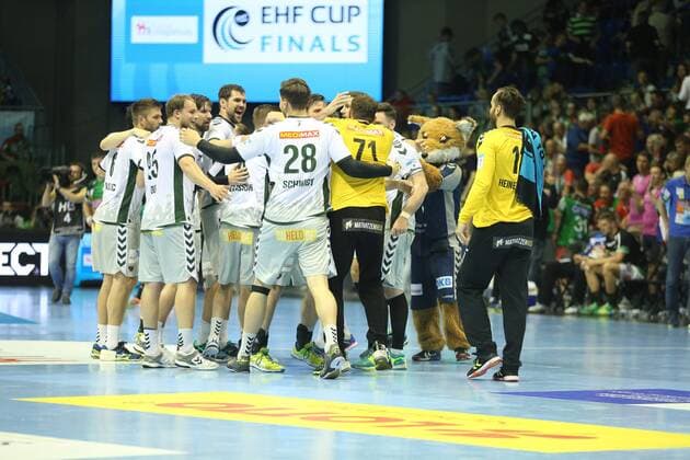 19.05.2018, xcsx, Handball EHF Cup Final 4, Frisch auf Goeppingen - Fuechse Berlin, emspor, v.l. Berliner Jubel nach Spielende, Finaleinzug Magdeburg