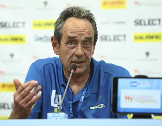Frisch Auf Göppingen vs Füchse Berlin. Dr. Rolf Brack (Göppingen, Trainer) bei der Pressekonferenz Frisch Auf Göppingen vs Füchse Berlin, Ottostadt Magdeburg EHF Cup Finals 2018, Saison 2017 2018, 19.05.2018 Magdeburg Copyright: xEibner-Pressefotox EP_taeger