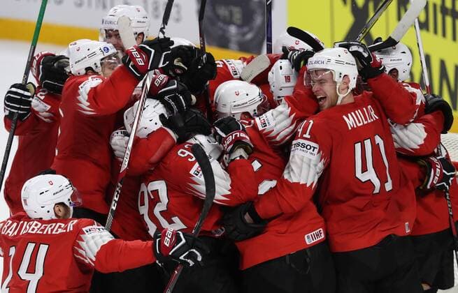 COPENHAGEN, DENMARK - MAY 19, 2018: Swiss player celebrate winning their 2018 IIHF World Championship WM Weltmeisterschaft semi-final match against Canada with a 2-3 score at Royal Arena in Copenhagen. Anton Novoderezhkin TASS  TS080339