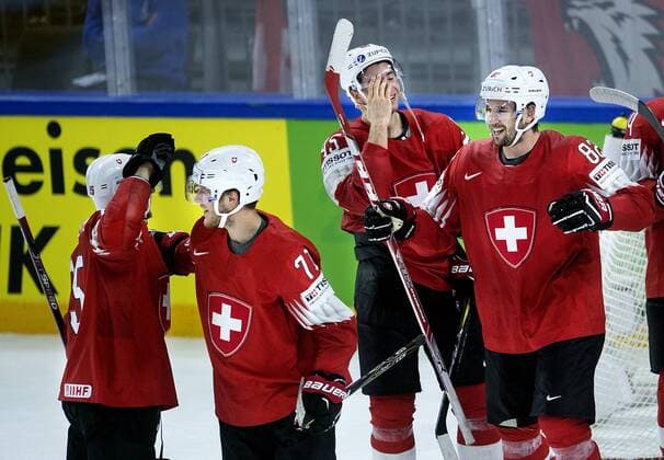 Simon Moser and Michael Fora of Switzerland after the IIHF World Championship WM Weltmeisterschaft semi-final Ice hockey Eishockey match between Canada and Switzerland in Royal Arena in Copenhagen, Denmark, Saturday, May 19, 2018.. , Copenhagen Denmark  Copyright: Scanpix LiselottexSabroex COP102 spdk20180519-215348-L
