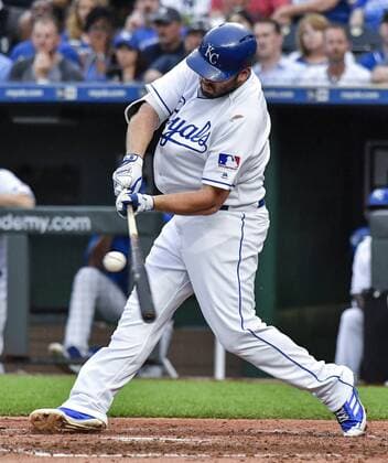 May 19, 2018 - Kansas City, MO, USA - Kansas City Royals Mike Moustakas connects on an RBI single to score Ryan Goins in the fifth inning during Saturday s baseball game against the New York Yankees on May 19, 2018, at Kauffman Stadium in Kansas City, Mo. Royals vs Yankees - ZUMAm67_ 20180519_zaf_m67_021 Copyright: xJohnxSleezerx