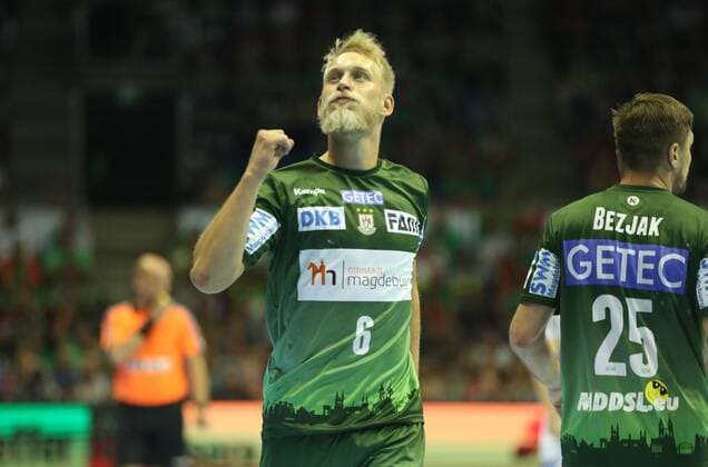 20.05.2018, xcsx, Handball EHF Cup Final 4, Handball EHF Cup Final 4, Spiel um Platz 3, SC Magdeburg - Frisch auf Göppingen, emspor, v.l. Matthias Musche (SC Magdeburg) jubelt nach Torerfolg Magdeburg