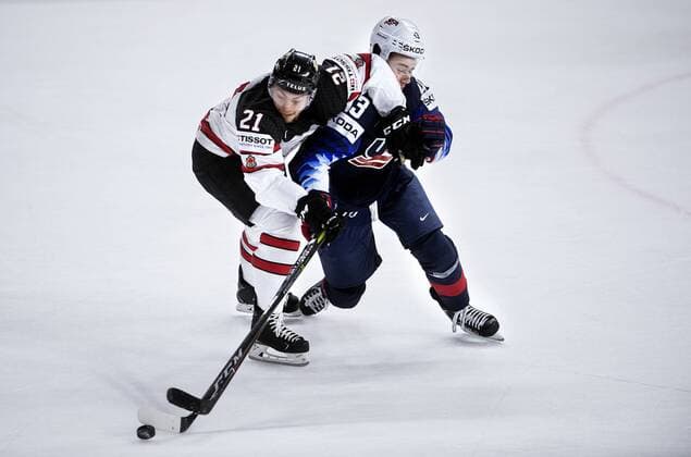 Eishockey WM, USA- Kanada $c2$ of Canada and Quinn Hughes of USA during the IIHF World Championship WM Weltmeisterschaft bronze medal Ice hockey Eishockey match between Canada and USA in Royal Arena in Copenhagen, Denmark, Sunday, May 20, 2018. , Copenhagen Denmark  Copyright: Scanpix LiselottexSabroex spdk20180520-165232-L