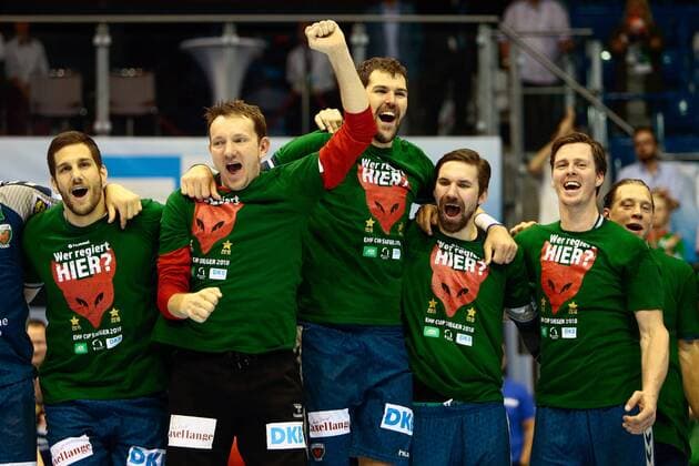 Saint Raphael Var vs Füchse Berlin. Berlins Spieler Jubel über den Sieg, Jubel nach Spielende Finale Saint Raphael Var vs Füchse Berlin, Ottostadt Magdeburg EHF Cup Finals 2018, Saison 2017 2018, 20.05.2018 Magdeburg Copyright: xEibner-Pressefotox EP_taeger