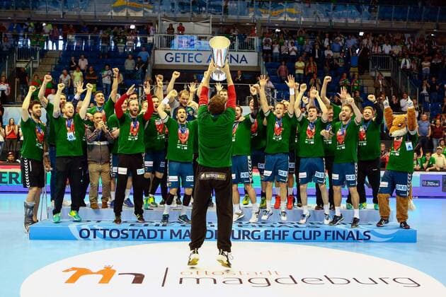 Bilder des Tages - SPORT Saint Raphael Var vs Füchse Berlin. Berlins Spieler Jubel über den Sieg, Jubel nach Spielende Pokalübergabe, Pokal, Siegerehrung Finale Saint Raphael Var vs Füchse Berlin, Ottostadt Magdeburg EHF Cup Finals 2018, Saison 2017 2018, 20.05.2018 Magdeburg Copyright: xEibner-Pressefotox EP_taeger