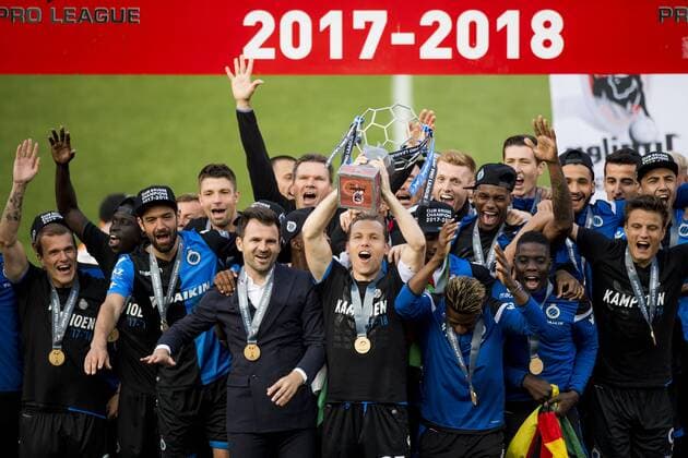 Club s Ruud Vormer, Club Brugge s head coach Ivan Leko and Club s players celebrate on the podium after winning the Jupiler Pro League match between Club Brugge KV and KAA Gent, Sunday 20 May 2018 in Brugge, on the tenth and last day of the Play-Off 1 of the Belgian soccer championship. JASPERxJACOBS  x05349656x