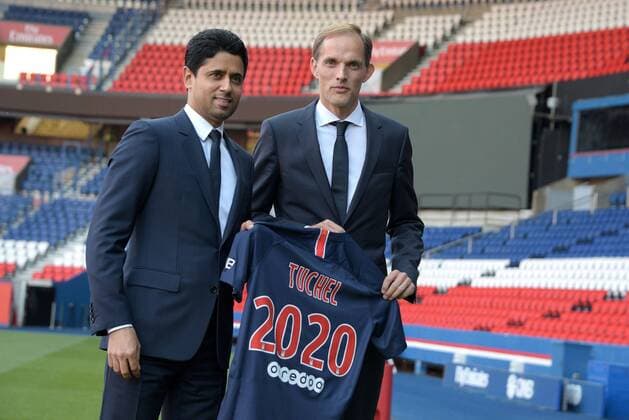 Thomas Tuchel - Stationen als Trainer, Paris Saint-Germain 2018 - 2020 May 21, 2018 - Paris, France - New head coach of PSG Thomas Tuchel (R) and PSG president Nasser Al Khelaifi seen during the press conference PK Pressekonferenz of Paris Saint Germain at the Parc des Princes. New head coach of PSG Thomas Tuchel during press conference in Paris, France - 20 May 2018 - ZUMAs197 83283383st Copyright: xNicolasxBriquetx