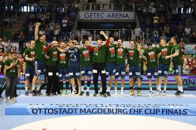Handball, Herren, EHF-Pokal, Final Four Turnier in Magdeburg, Saison 2017 18, Endspiel, Füchse Berlin - Saint-Raphael Var Handball, Jubel nach dem Abpfiff bei den Füchsen Berlin, 20.05.18, Copyright: xMichaelxHundtx xMatthiasxKochx