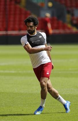21st May 2018, Anfield, Liverpool, England; Liverpool open media day ahead of Champions League Final; Mohamed Salah of Liverpool during today s open training session at Anfield ahead of this week s Champions League final in Kiev against Real Madrid  ActionPlus12028041 AlanxMartin