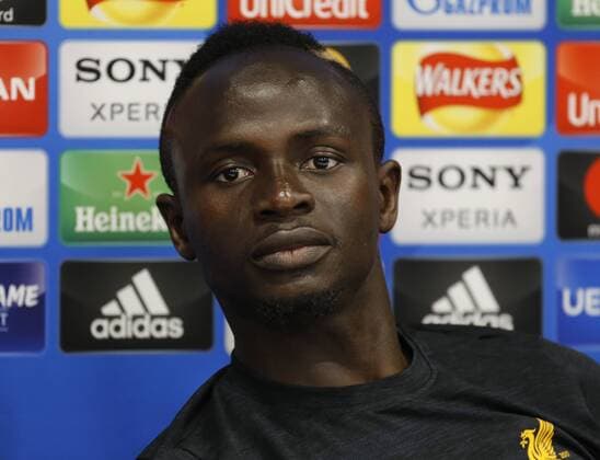 21st May 2018, Anfield, Liverpool, England; Liverpool open media day ahead of Champions League Final; Liverpool striker Sadio Mane speaking to the media at Anfield during today s press conference PK Pressekonferenz ahead of this week s Champions League final in Kiev against Real Madrid  ActionPlus12028065 AlanxMartin