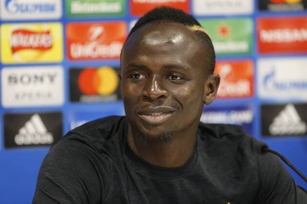 21st May 2018, Anfield, Liverpool, England; Liverpool open media day ahead of Champions League Final; Liverpool striker Sadio Mane speaking to the media at Anfield during today s press conference PK Pressekonferenz ahead of this week s Champions League final in Kiev against Real Madrid  ActionPlus12028074 AlanxMartin