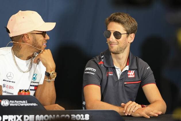 23rd May 2018, Circuit de Monaco, Monaco, Monte Carlo; Monaco Formula 1 Grand Prix, Wednesday press conference PK Pressekonferenz Mercedes AMG Petronas Motorsport, Lewis Hamilton shares a joke with Haas F1 Team, Romain Grosjean  ActionPlus12028249 Octane