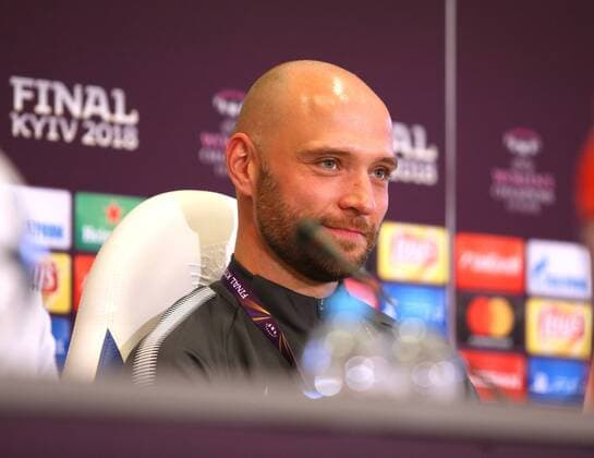 Lyon vs Wolfsburg, Finale CL Frauen, Vorberichte Kiew, Ukraine, 23.05.2018, FUßBALL - Olympique Lyon vs VfL Wolfsburg, Finale UEFA Frauen Champions League, Saison 2017-18. Cheftrainer Stephan Lerch (VfL Wolfsburg) während der Pressekonferenz. Kiew