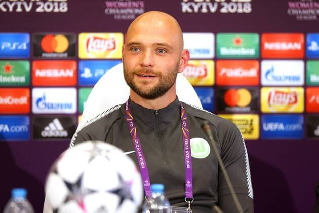 Lyon vs Wolfsburg, Finale CL Frauen, Vorberichte Kiew, Ukraine, 23.05.2018, FUßBALL - Olympique Lyon vs VfL Wolfsburg, Finale UEFA Frauen Champions League, Saison 2017-18. Cheftrainer Stephan Lerch (VfL Wolfsburg), während der Pressekonferenz. Kiew