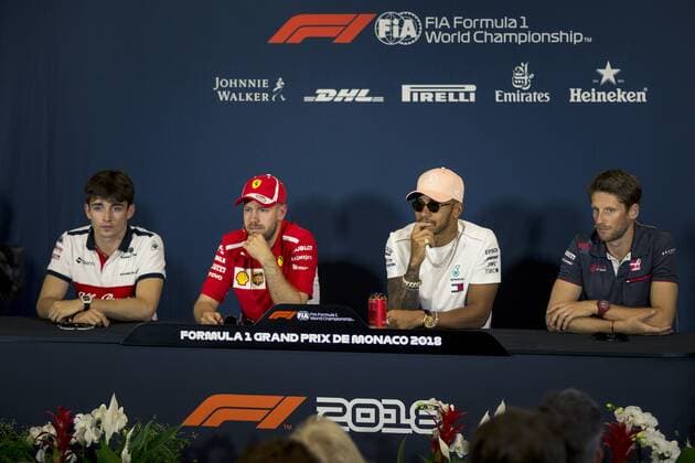 Ambiente en el circtuito de Montecarlo antes del Gran Premio de Mónaco. En la imagen, Charles Leclerc, Sebastian Vettel, Lewis Hamilton y Romain Grosjean.Atmosphere at Montecarlo circuit before the Grand Prix of Monaco. In this picture, Charles Leclerc, Sebastian Vettel, Lewis Hamilton and Romain Grosjean.  RV RACING PRESS