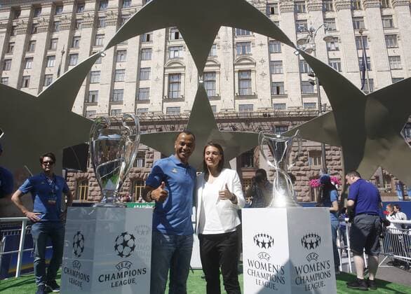 May 24, 2018 - Kiev, Ukraine - CAFU(L), former soccer player of Milan and IYA ANDRUSCHAK(R), Ukrainian national soccer player and ambassador for the UEFA Women s Champions League final, pose with the UEFA Champions League trophies during the opening ceremony of a Champions Festival in Kiev, Ukraine, on 24 May, 2018. Real Madrid will face Liverpool FC in the UEFA Champions League final at the NSC Olimpiyskiy stadium in Kiev on 26 May 2018. Real Madrid vs Liverpool FC - ZUMAg194 20180524_zap_g194_015 Copyright: xSergxGlovnyx