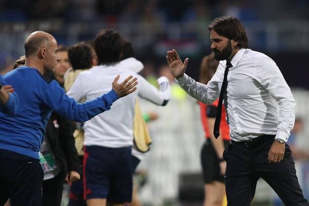 WOMEN SOCCER - UEFA Women CL, Wolfsburg vs Lyon KIEV,UKRAINE,24.MAY.18 - WOMEN SOCCER - UEFA Women Champions League, final, VfL Wolfsburg vs Olympique Lyon. Image shows the rejoicing of head coach Reynald Pedros (Lyon). GEPAxpictures xMaticxKlansek
