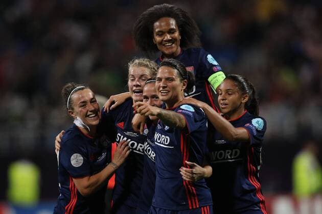 WOMEN SOCCER - UEFA Women CL, Wolfsburg vs Lyon KIEV,UKRAINE,24.MAY.18 - WOMEN SOCCER - UEFA Women Champions League, final, VfL Wolfsburg vs Olympique Lyon. Image shows the rejoicing of Lyon. GEPAxpictures xMaticxKlansek
