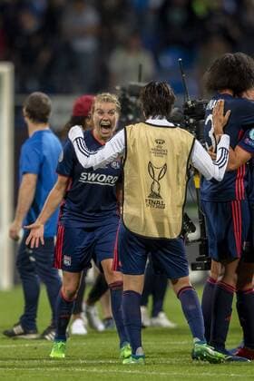 Saki Kumagai of Lyon and Ada Hegerberg of Lyon celebrates the victory at the end of the game during the UEFA Women s Champions League Final match between VfL Wolfsburg 1-4 Olympique Lyon at Valeriy Lobanovskyi Dynamo Stadium in Kiev, Ukraine, on May 24, 2018. Noxthirdxpartyxsales  (78857150)