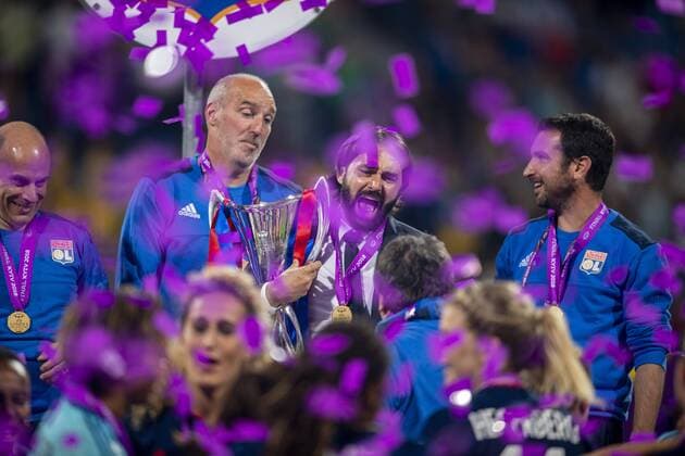 Reynald Pedros Coach of Lyon with Trophy during the UEFA Women s Champions League Final match between VfL Wolfsburg 1-4 Olympique Lyon at Valeriy Lobanovskyi Dynamo Stadium in Kiev, Ukraine, on May 24, 2018. Noxthirdxpartyxsales  (78857218)