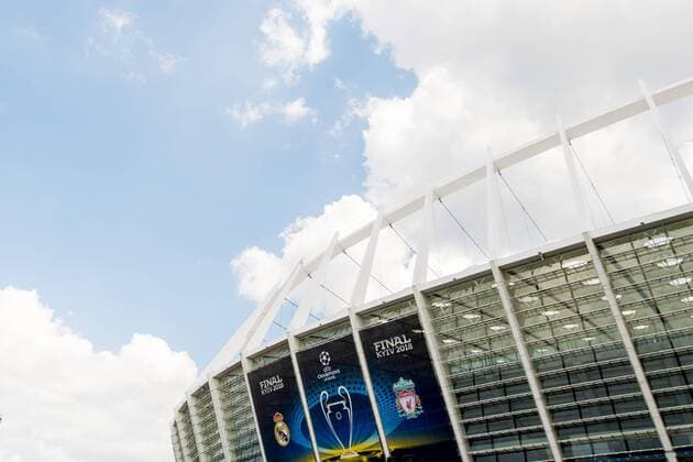 180525 General exterior view of the NSC Olimpiyskiy stadium ahead of the UEFA Champions League final between Real Madrid and Liverpool on May 25, 2018 in Kyiv. Photo: Vegard Wivestad Gr¿tt BILDBYRN kod VG 170175 Copyright: VEGARDxWIVESTADxGR¯TT BB180525BB001