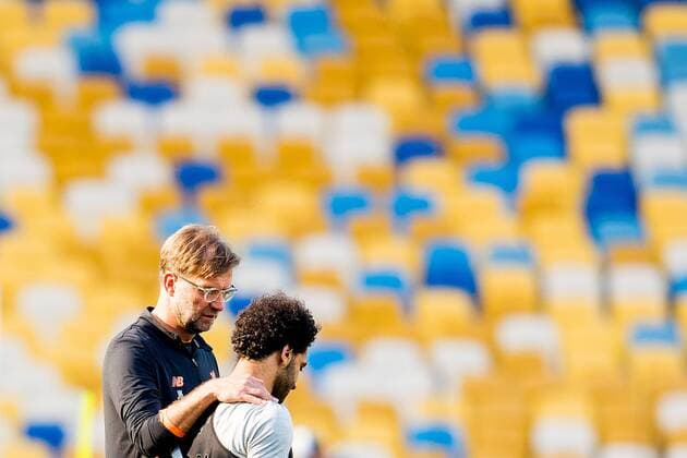180525 Jürgen Klopp, head coach of Liverpool, and Mohamed Salah during a training session on May 25, 2018 in Kyiv. Photo: Vegard Wivestad Gr¿tt BILDBYRN kod VG 170176 Copyright: VEGARDxWIVESTADxGR¯TT BB180525BB040