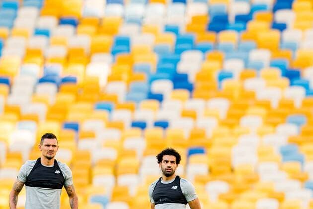 180525 Dejan Lovren and Mohamed Salah of Liverpool during a training session on May 25, 2018 in Kyiv. Photo: Vegard Wivestad Gr¿tt BILDBYRN kod VG 170176 Copyright: VEGARDxWIVESTADxGR¯TT BB180525BB055
