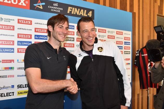 Handball Spieler von Paris Saint-Germain Handball, und des HBC Nantes Uwe Gensheimer und Dominik Klein (r.) am 25.05.2018 in Köln beim Media Call zur Handball Champions League VELUX EHF FINAL4 2018 das am 26. und 27.Mai in Köln stattfindet.