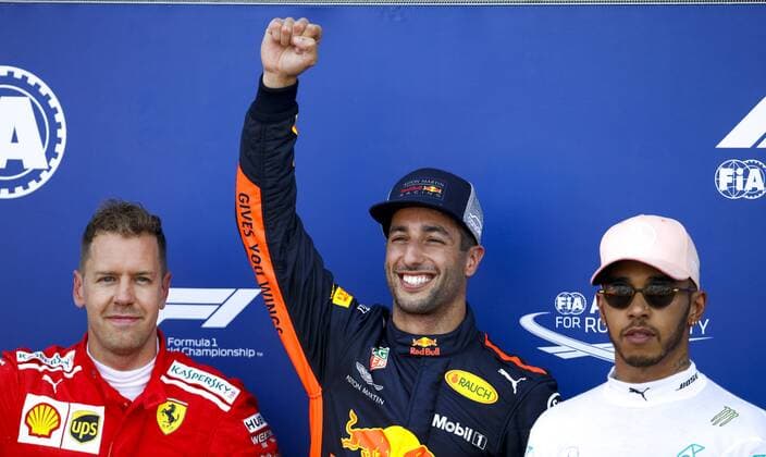Motorsports: FIA Formula One World Championship WM Weltmeisterschaft 2018, Grand Prix of Monaco, 5 Sebastian Vettel (GER, Scuderia Ferrari), 3 Daniel Ricciardo (AUS, Aston Martin Red Bull Racing), 44 Lewis Hamilton (GBR, Mercedes AMG Petronas Motorsport), Monte Carlo Monaco