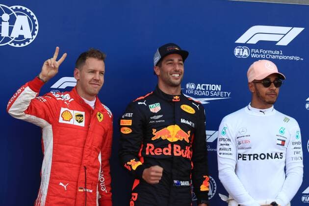 26th May 2018, Circuit de Monaco, Monaco, Monte Carlo; Monaco Formula 1 Grand Prix, Saturday qualifying; Aston Martin Red Bull Racing TAG Heuer, Daniel Ricciardo takes pole followed by Scuderia Ferrari, Sebastian Vettel and Mercedes AMG Petronas Motorsport, Lewis Hamilton  ActionPlus12028965 Octane
