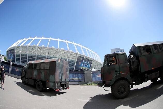 Ukraine armed forces trucks prepare to enter the stadium ahead of the 2018 UEFA Champions League final between CF Real Madrid and Liverpool FC at the NSC Olimpiyskiy Stadium, Kyiv, Ukraine on 26 05 2018 CF Real Madrid v Liverpool FC UCLF_2018