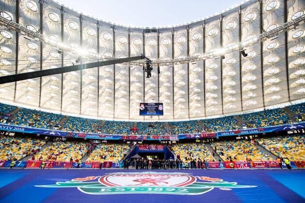 180526 General interior view of NSC Olimpiyskiy stadium ahead of the UEFA Champions League final between Real Madrid and Liverpool on May 26, 2018 in Kyiv. Photo: Vegard Wivestad Grott BILDBYRAN kod VG 170178 Copyright: VEGARDxWIVESTADxGRoTT BB180526BB499