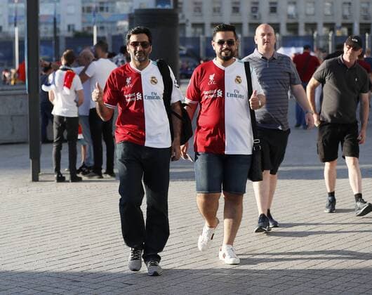 Half n Half shirt makes an appearance during the UEFA Champions League Final match at the NSK Olimpiyskiy Stadium, Kiev. Picture date 26th May 2018. Picture credit should read: David Klein Sportimage EDITORIAL USE ONLY. No use with unauthorised audio, video, data, fixture lists, club league logos or live services. Online in-match use limited to 120 images, no video emulation. No use in betting, games or single club league player publications.
