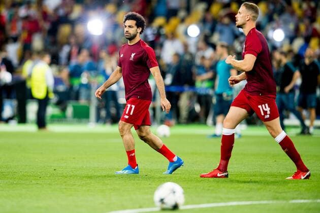 180526 Mohamed Salah of Liverpool and Jordan Henderson of Liverpool during warm-up ahead of the UEFA Champions League final between Real Madrid and Liverpool on May 26, 2018 in Kyiv. Photo: Vegard Wivestad Grott BILDBYRAN kod VG 170178 Copyright: VEGARDxWIVESTADxGRoTT BB180526BB752